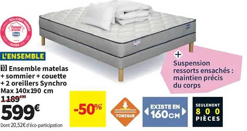 L'ENSEMBLE Ensemble matelas + sommier + couette + 2 oreillers Synchro Max 140x190 cm