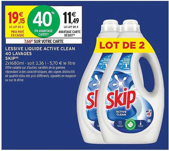 LESSIVE LIQUIDE ACTIVE CLEAN 40 LAVAGES SKIP® 2x1680ml