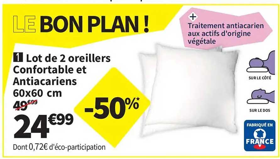 Lot de 2 oreillers Confortable et Antiacarien(s) 60x60 cm
