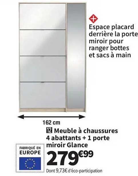 Meuble à chaussures 4 abattants + 1 porte miroir Glance