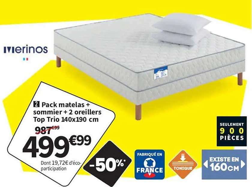 Pack matelas + sommier + 2 oreillers Top Trio 140x190 cm