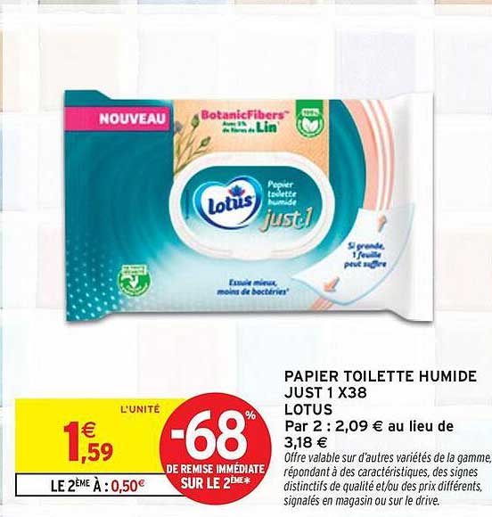 PAPIER TOILETTE HUMIDE JUST 1 X38 LOTUS
