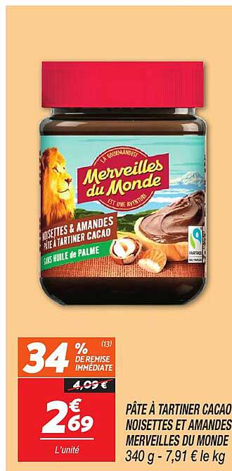 PÂTE À TARTINER CACAO NOISETTES ET AMANDES MERVEILLES DU MONDE 340 g - 7,91 € le kg
