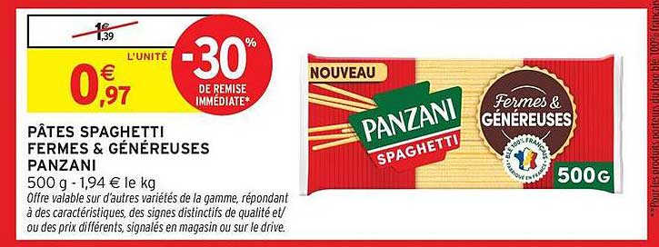 PÂTES SPAGHETTI FERMES & GÉNÉREUSES PANZANI 500 g - 1,94 € le kg