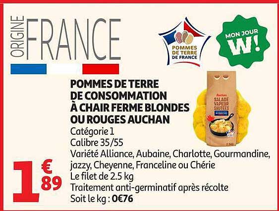 POMMES DE TERRE DE CONSOMMATION À CHAIR FERME BLONDES OU ROUGES AUCHAN
