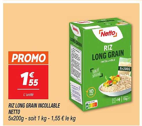 RIZ LONG GRAIN INCOLLABLE NETTO 5x200g - soit 1 kg - 1,55 € le kg