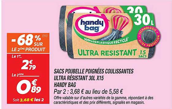 SACS POUBELLE POIGNÉES COULISSANTES ULTRA RÉSISTANT 30L X15 HANDY BAG