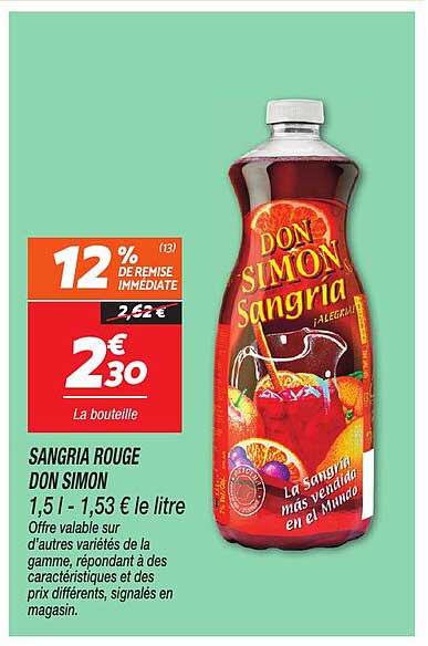 SANGRIA ROUGE DON SIMON 1,5 l - 1,53 € le litre