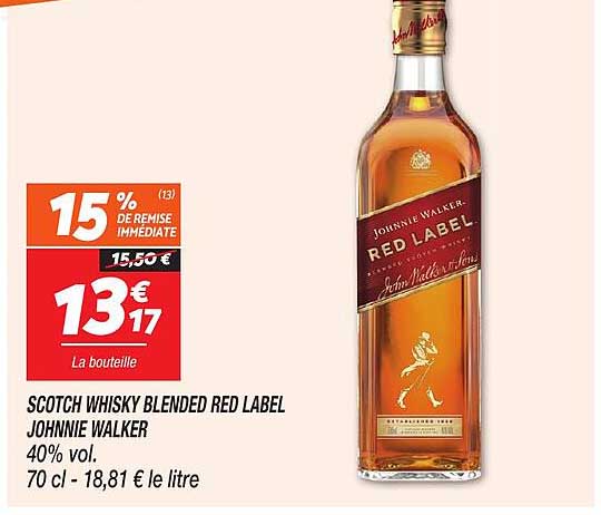 SCOTCH WHISKY BLENDED RED LABEL JOHNNIE WALKER 40% vol. 70 cl - 18,81 € le litre