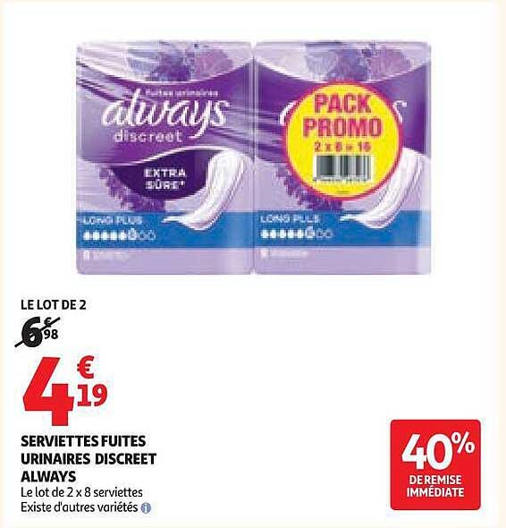 SERVIETTES FUITES URINAIRES DISCREET ALWAYS