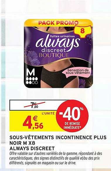 SOUS-VÊTEMENTS INCONTINENCE PLUS NOIR M X8 ALWAYS DISCREET