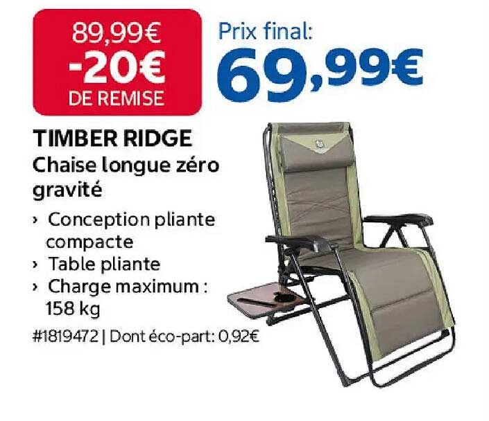 TIMBER RIDGE Chaise longue zéro gravité