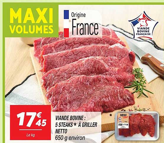 VIANDE BOVINE : 5 STEAKS* A GRILLER NETTO 650 g environ