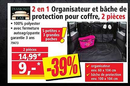 2 en 1 Organisateur et bâche de protection pour coffre, 2 pièces