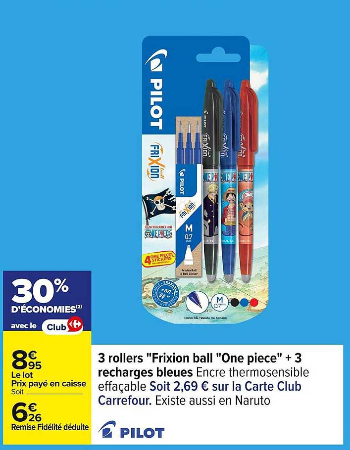 3 rollers "Frixion ball "One piece" + 3 recharges bleues