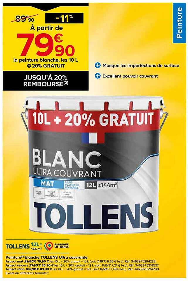 À partir de 79,90 € la peinture blanche, les 10 L + 20% GRATUIT