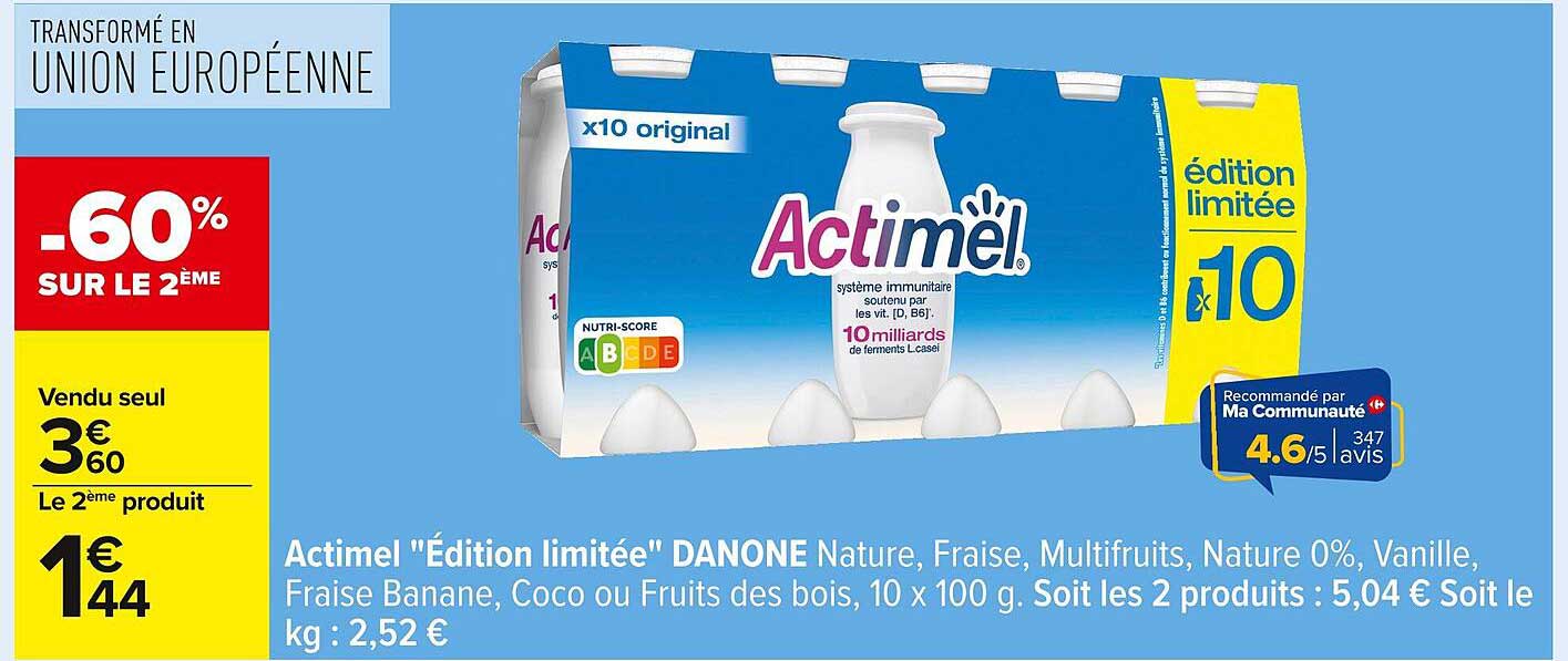 Actimel "Édition limitée" DANONE Nature, Fraise, Multifruits, Nature 0%, Vanille, Fraise Banane, Coco ou Fruits des bois, 10 x 100 g