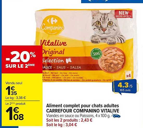 Aliment complet pour chats adultes CARREFOUR COMPANINO VITALIVE