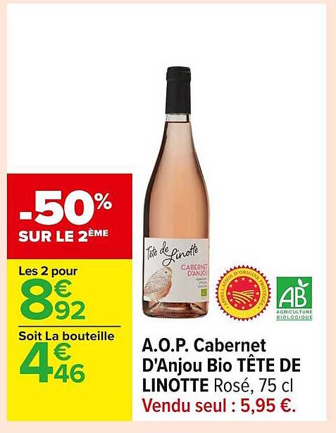 A.O.P. Cabernet D'Anjou Bio TÊTE DE LINOTTE Rosé, 75 cl