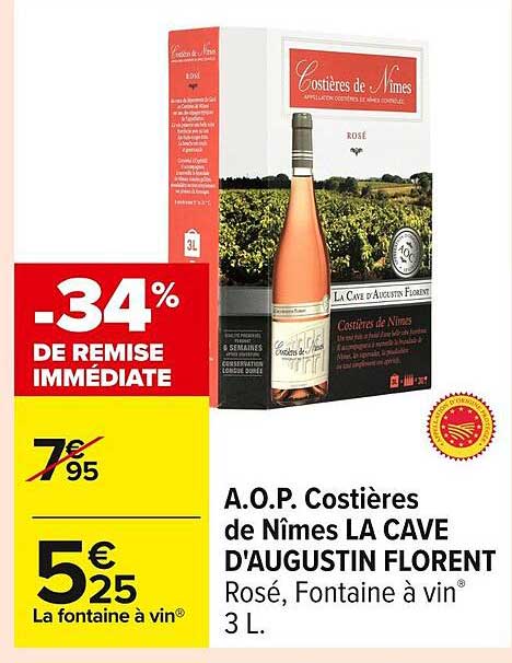 A.O.P. Costières de Nîmes LA CAVE D'AUGUSTIN FLORENT Rosé, Fontaine à vin® 3 L.