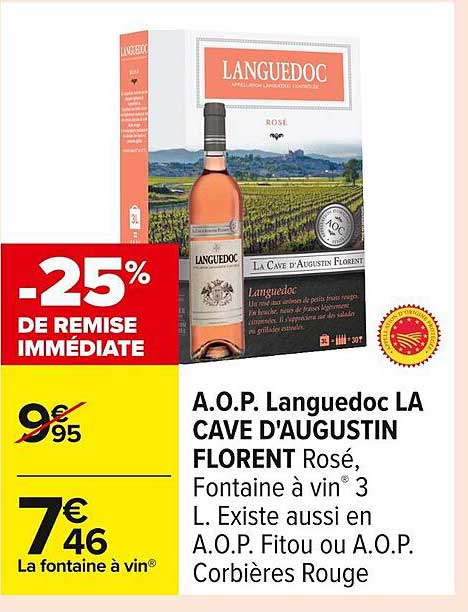 A.O.P. Languedoc LA CAVE D'AUGUSTIN FLORENT Rosé, Fontaine à vin 3 L.
