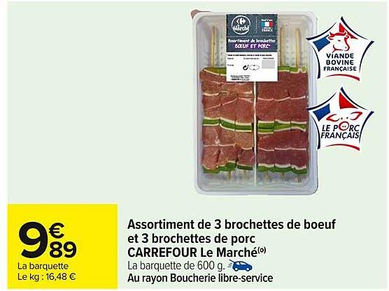 Assortiment de 3 brochettes de boeuf et 3 brochettes de porc