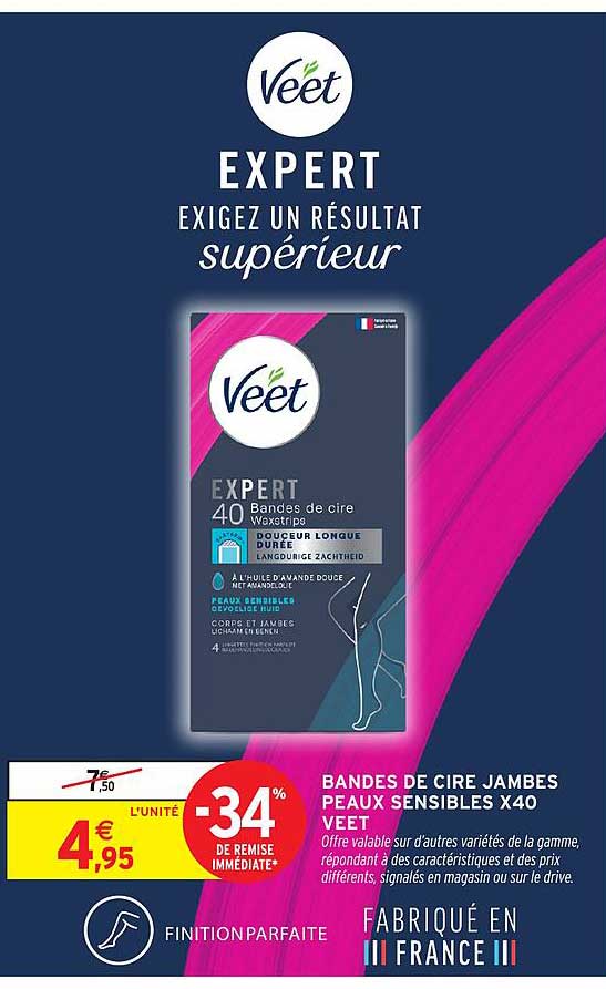BANDES DE CIRE JAMBES PEAUX SENSIBLES X40 VEET