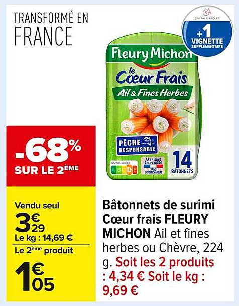 Bâtonnets de surimi Coeur frais FLEURY MICHON Ail et fines herbes