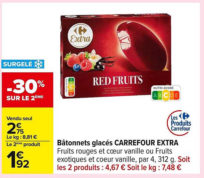 Bâtonnets glacés CARREFOUR EXTRA Fruits rouges et cœur vanille ou Fruits exotiques et cœur vanille