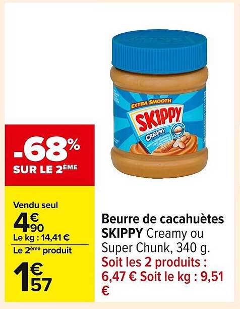 Beurre de cacahuètes SKIPPY Creamy ou Super Chunk, 340 g.