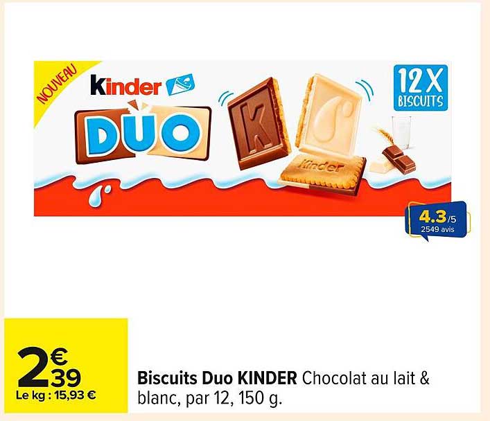 Biscuits Duo KINDER Chocolat au lait & blanc, par 12, 150 g.