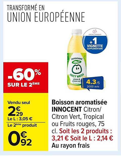 Boisson aromatisée INNOCENT Citron/Citron Vert, Tropical ou Fruits rouges, 75 cl