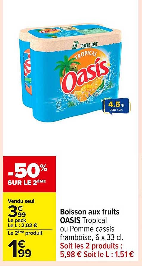 Boisson aux fruits OASIS Tropical ou Pomme cassis framboise, 6 x 33 cl