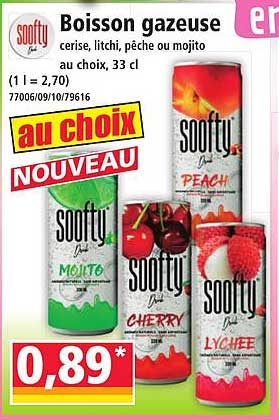 Boisson gazeuse cerise, litchi, pêche ou mojito au choix, 33 cl