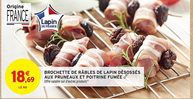 Brochette de rables de lapin désossés aux pruneaux et poitrine fumée