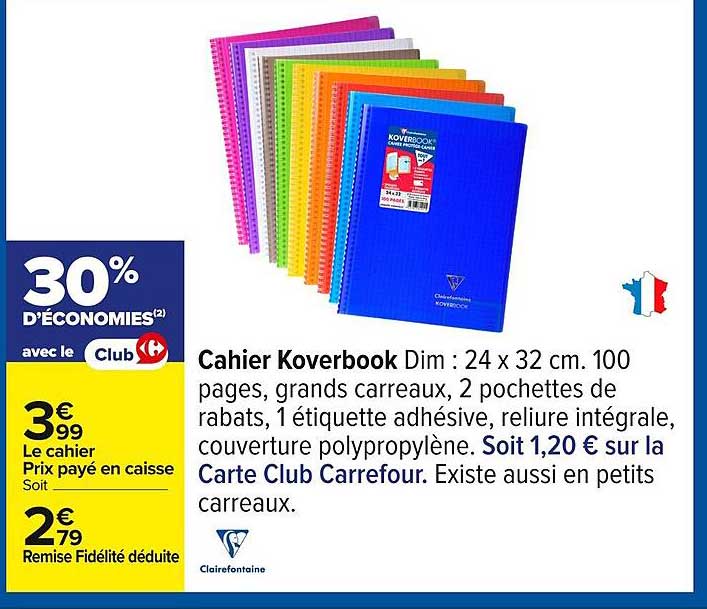 Cahier Koverbook Dim : 24 x 32 cm. 100 pages, grands carreaux
