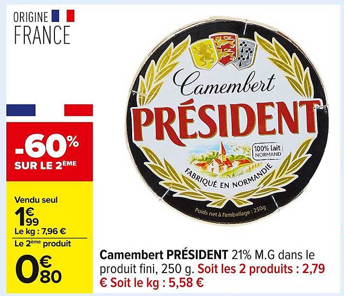 Camembert PRÉSIDENT 21% M.G dans le produit fini, 250 g