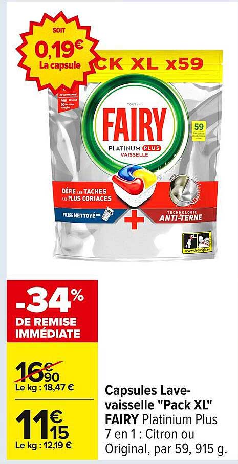 Capsules Lave-vaisselle "Pack XL" FAIRY Platinum Plus 7 en 1 : Citron ou Original, par 59, 915 g.