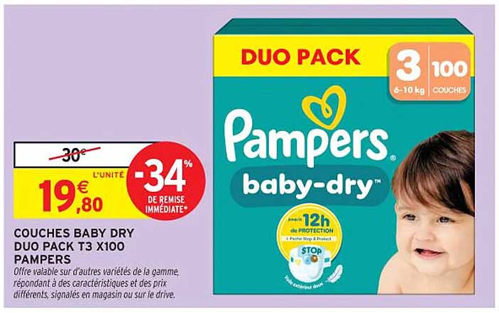 COUCHES BABY DRY DUO PACK T3 X100 PAMPERS