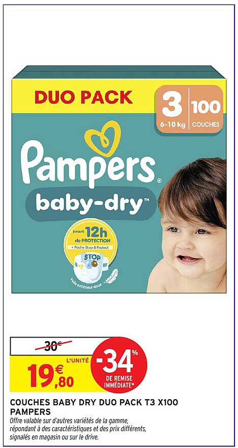 COUCHES BABY DRY DUO PACK T3 X100 PAMPERS