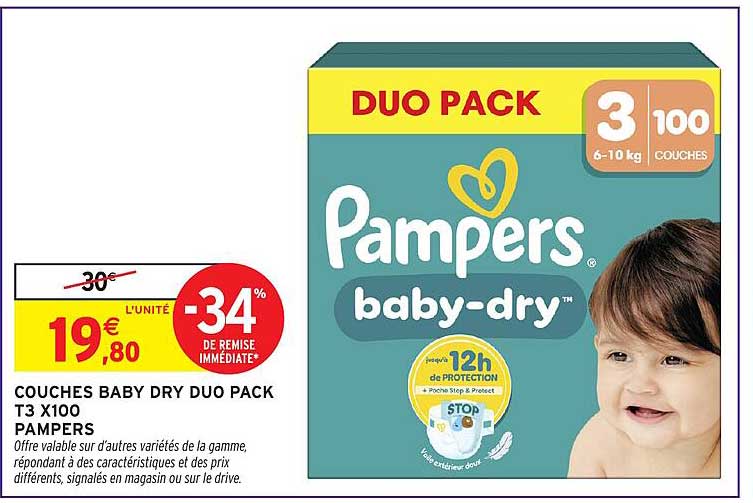 COUCHES BABY DRY DUO PACK T3 X100 PAMPERS