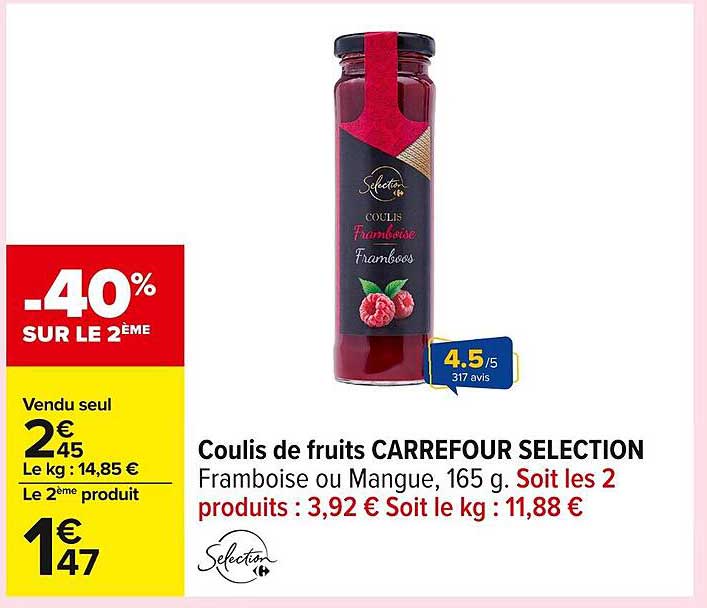 Coulis de fruits CARREFOUR SELECTION Framboise ou Mangue, 165 g