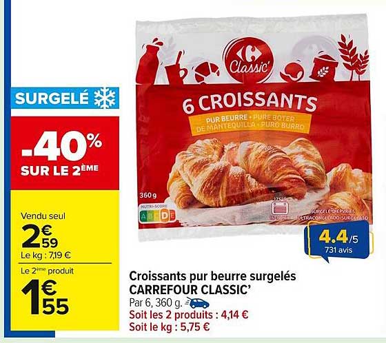 Croissants pur beurre surgelés CARREFOUR CLASSIC’