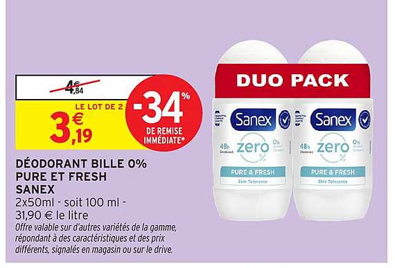 DÉODORANT BILLE 0% PURE ET FRESH SANEX