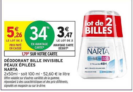 Déodorant bille invisible peaux épilées Narta