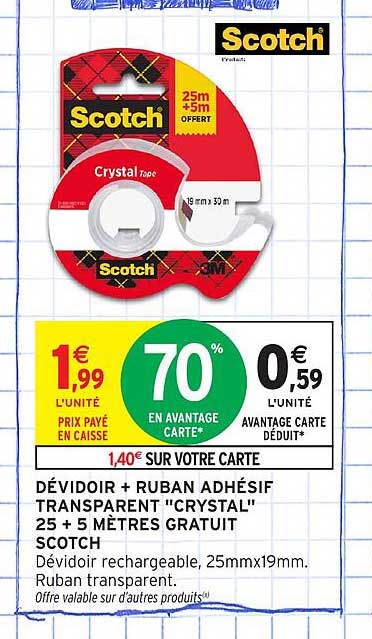 DÉVIDOIR + RUBAN ADHÉSIF TRANSPARENT "CRYSTAL" 25 + 5 MÉTRES GRATUIT SCOTCH