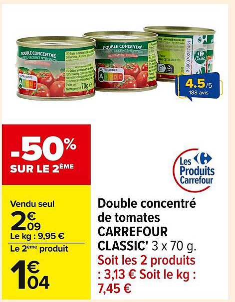 Double concentré de tomates CARREFOUR CLASSIC' 3 x 70 g.