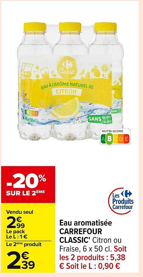 Eau aromatisée CARREFOUR CLASSIC' Citron ou Fraise, 6 x 50 cl