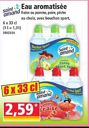 Eau aromatisée fraise ou pomme, poire, pêche au choix, avec bouchon sport