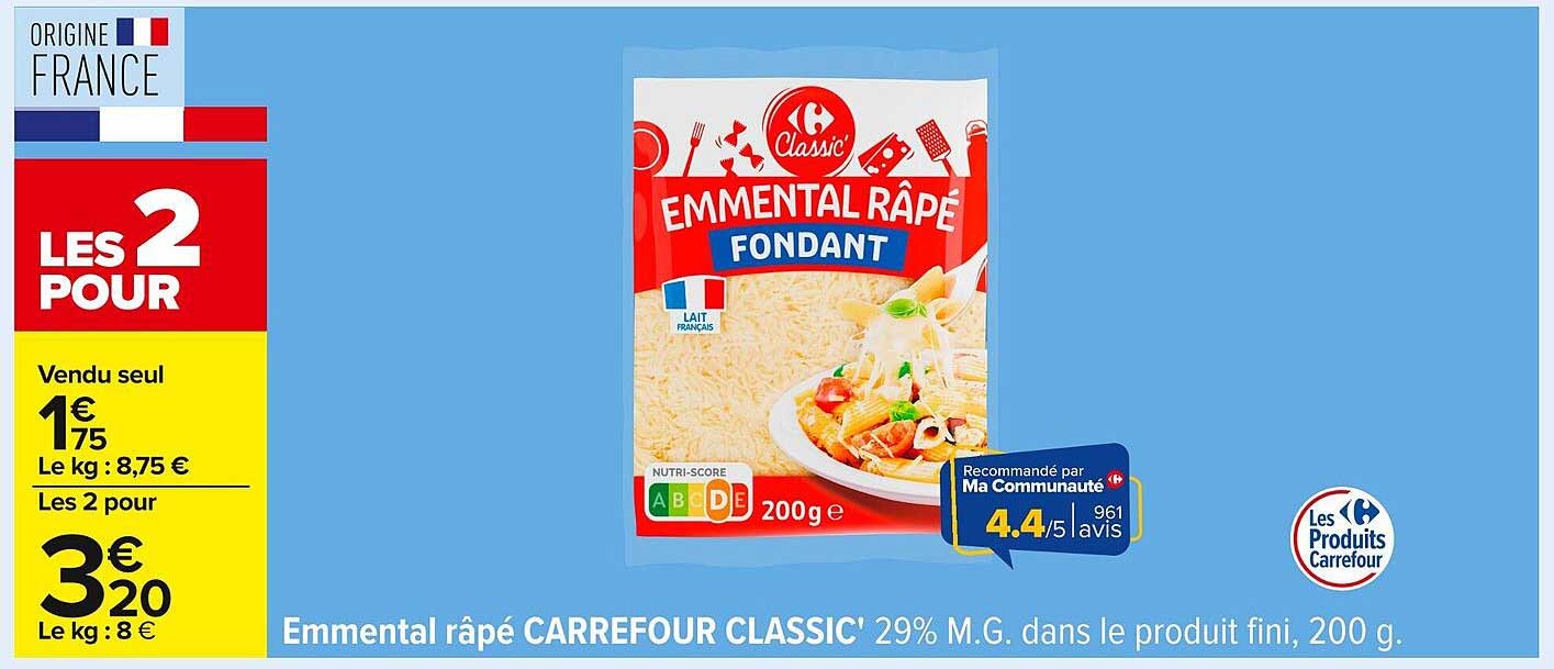Emmental râpé CARREFOUR CLASSIC 200 g